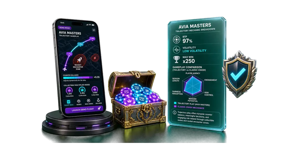 3D render showing 1win Avia Masters gameplay features, mobile demo mode interface, and official BGaming game figures