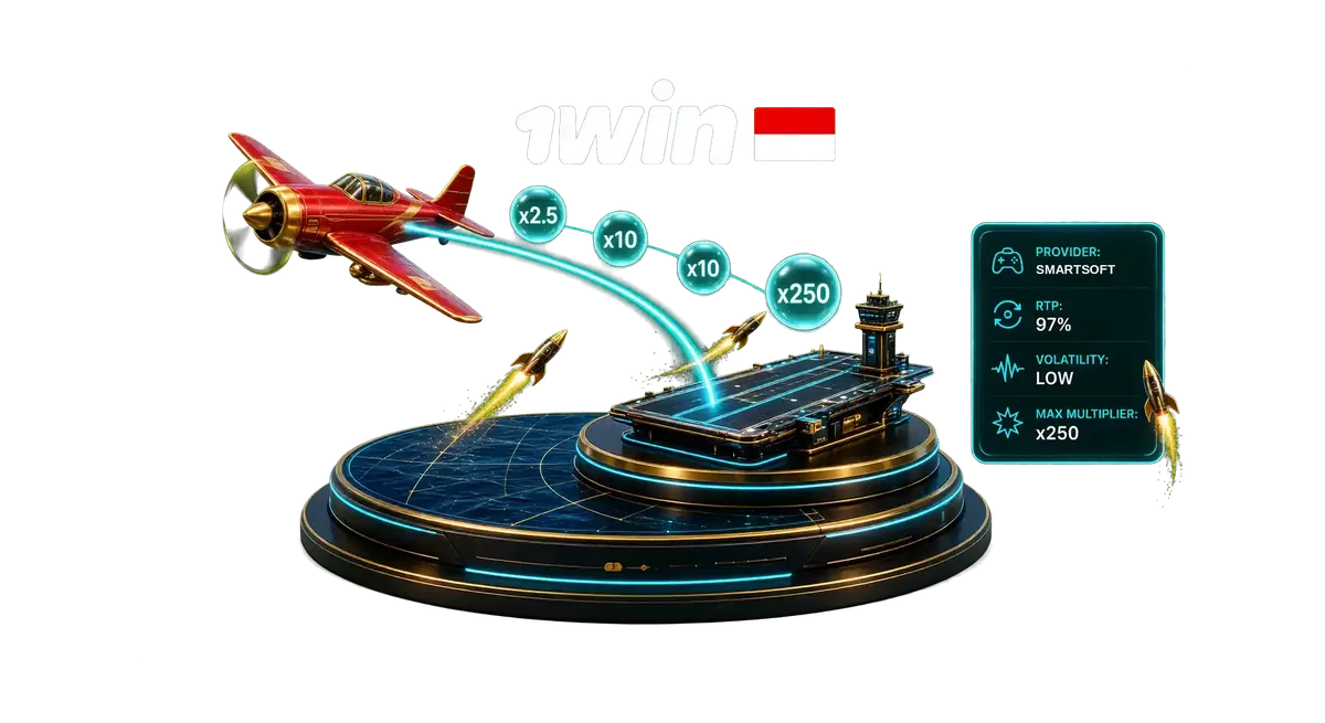 3D hero illustration for 1win Avia Masters featuring a red plane on a trajectory path with game stats for Indonesian players