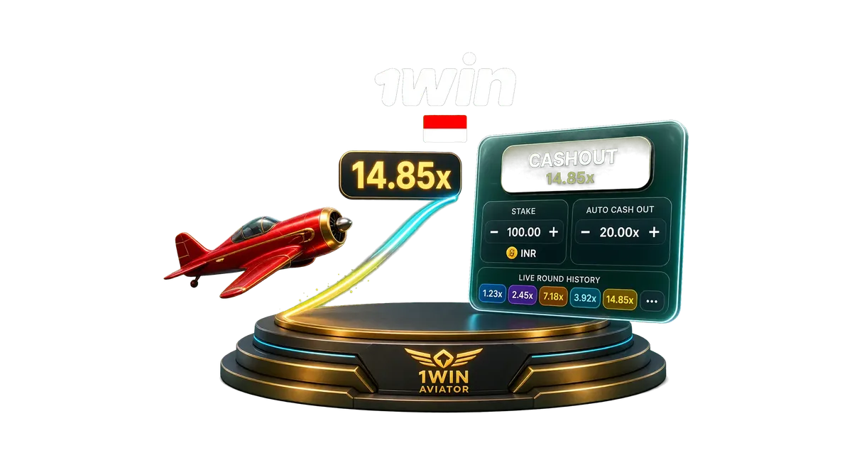 3D 1win Aviator crash game interface in Indonesia with ascending red plane, multiplier curve, and cashout panel.