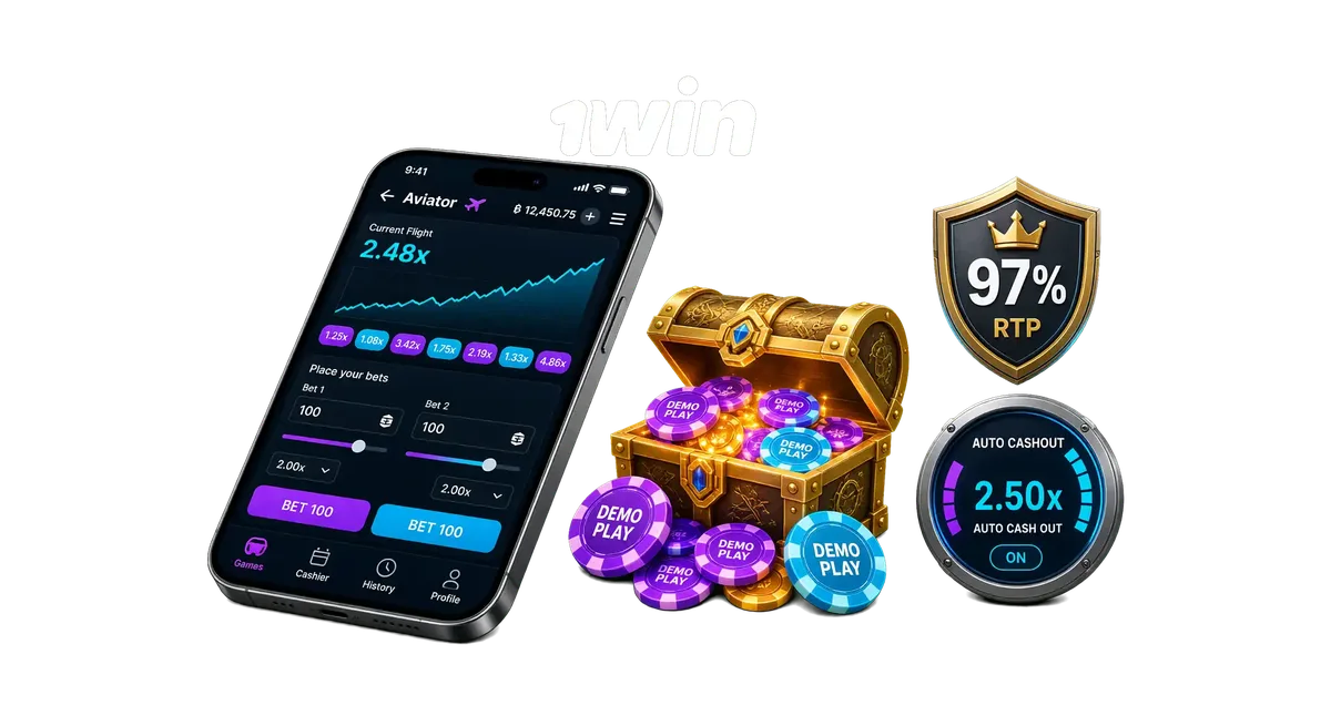 Smartphone showcasing 1win Aviator mobile betting panel, demo chips, and multiplier history interface.