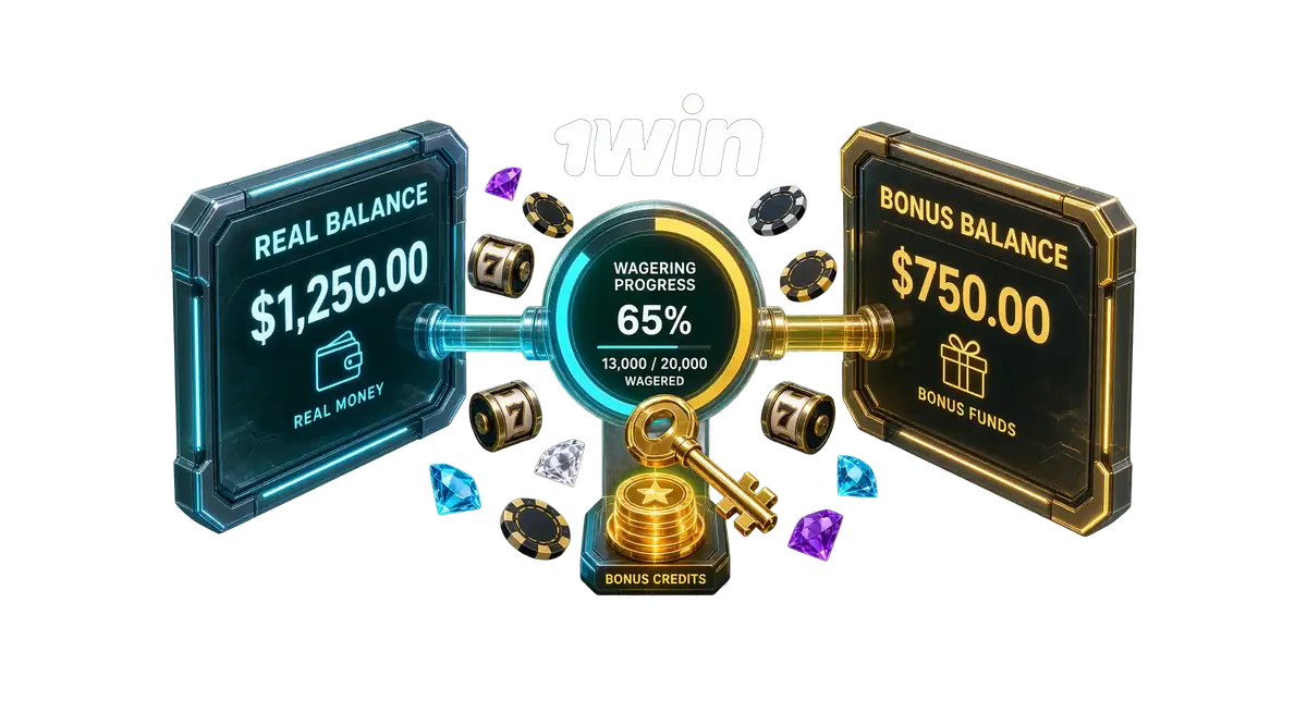 3D diagram visualizing 1win real balance versus bonus balance and rollover wagering mechanics on a flat green background.
