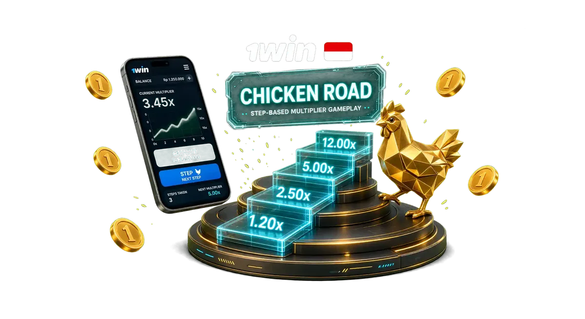 1win Chicken Road game overview banner featuring stepping multiplier tiles, mobile interface, and game display on a green backdrop.