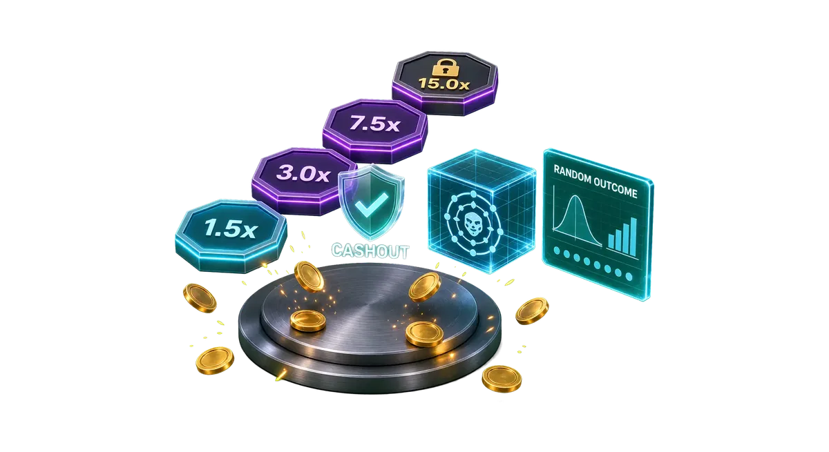 3D visual diagram showing step-based rising multiplier mechanics, RNG fairness icon, and cashout shield on a solid green background.