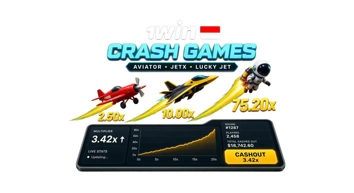 1win crash games banner featuring Aviator plane, JetX rocket, and Lucky Jet astronaut ascending with glowing multiplier curves.