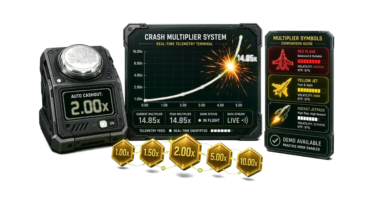 3D crash game comparison console displaying rising multiplier curve, manual and auto cashout controls, and title metrics.