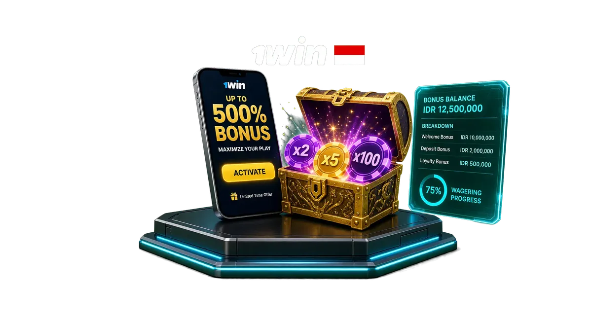 3D promotional hero banner for 1win game bonus in Indonesia featuring smartphone UI, bonus multipliers, and Indonesian flag on a green background.