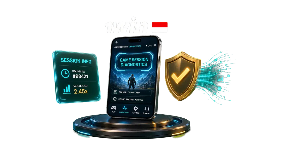 3D diagnostic dashboard and game session troubleshooting tools featuring the 1win logo and Indonesian flag on a solid green background.