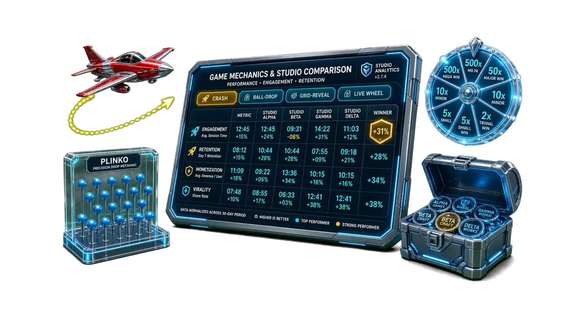 3D comparison matrix displaying crash, plinko, grid reveal, and live wheel game mechanics with provider details.