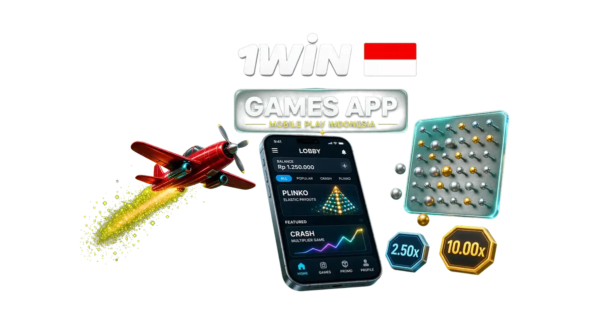 3D hero illustration of a smartphone running the 1win mobile game lobby with crash and plinko elements, Indonesian flag, and 1win logo against a green screen background.