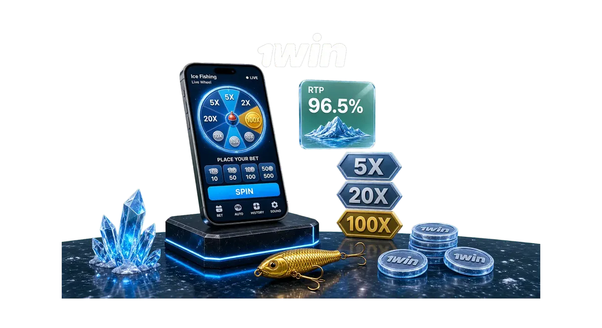 3D illustration of mobile Ice Fishing live game interface with RTP stats plaque and multiplier tokens on a flat green background.