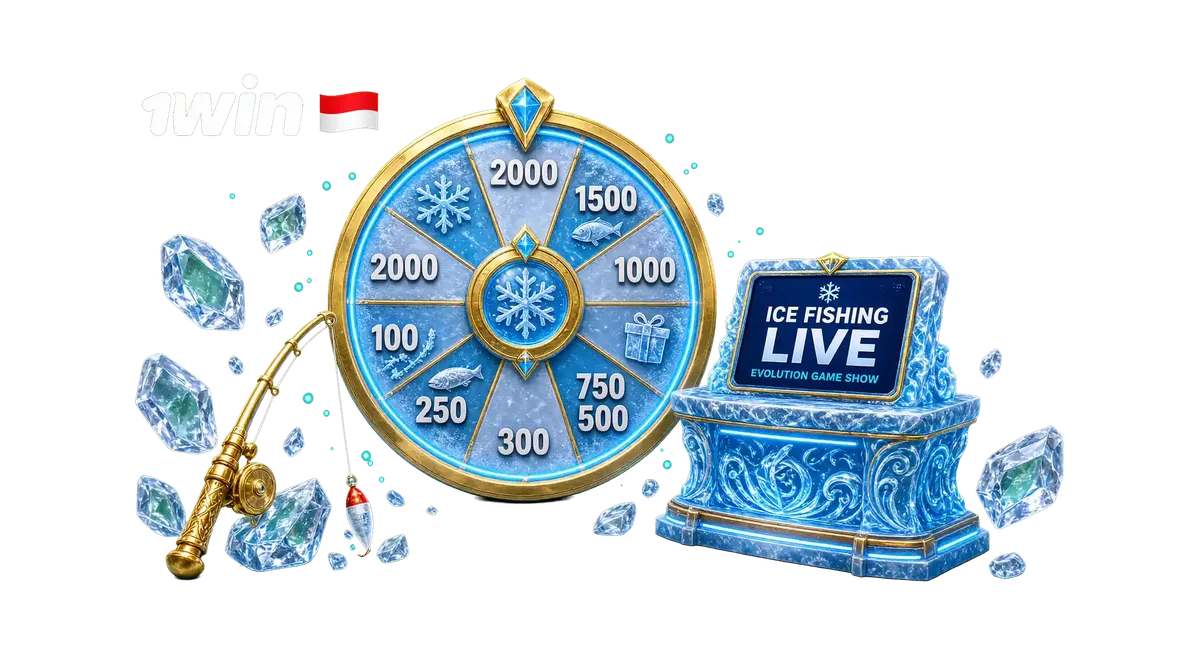 3D promotional banner for 1win Ice Fishing live wheel game show in Indonesia featuring an arctic money wheel, bonus display tablet, and 1win logo on a pure green background.