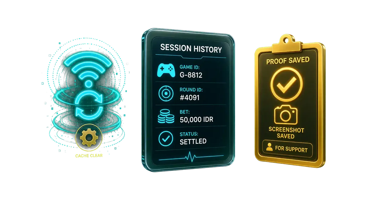 3D diagnostic tablet displaying round history, Game ID details, network reconnection icons, and support verification tools on a solid green background.