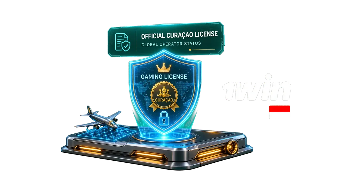 1win Indonesia gaming license hero banner with compliance shield, Indonesian flag, and gaming icons.