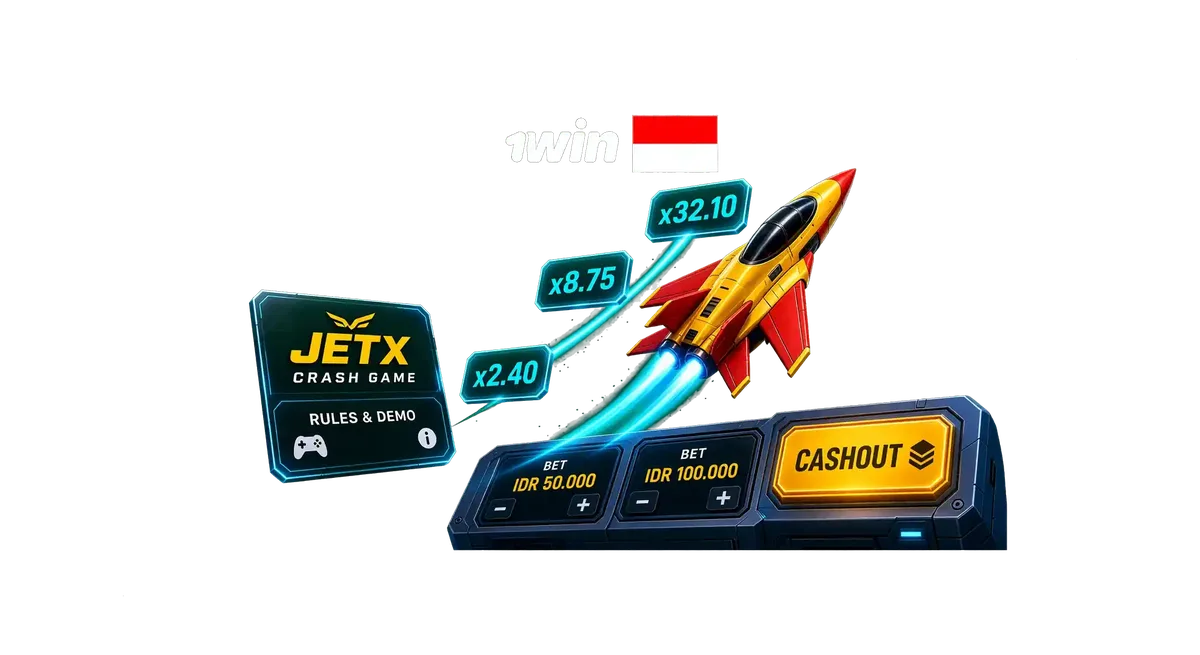 3D hero banner for 1win JetX crash game featuring a climbing jet, multiplier trajectory, cashout controls, and 1win branding for Indonesian players.