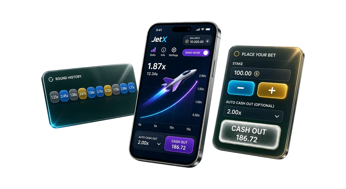 3D showcase of JetX mobile gameplay interface showing the flight climb, bet panel controls, multiplier history strip, and free demo mode.