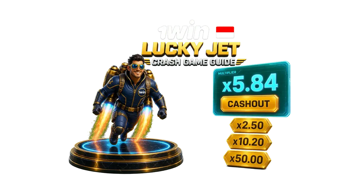 3D hero banner for 1win Lucky Jet Indonesia featuring the jetpack character, climbing multiplier HUD, Indonesian flag, and 1win logo on a green backdrop.