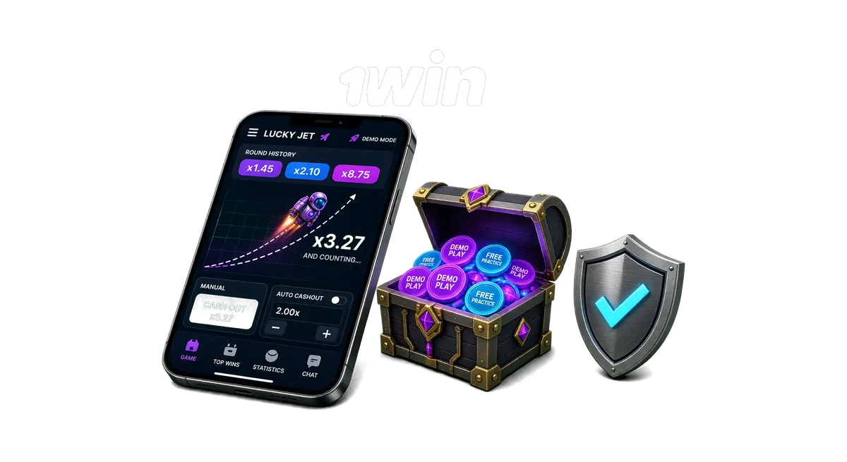 3D illustration of Lucky Jet interface on mobile with cashout controls, round history, and demo practice tokens on a green backdrop.