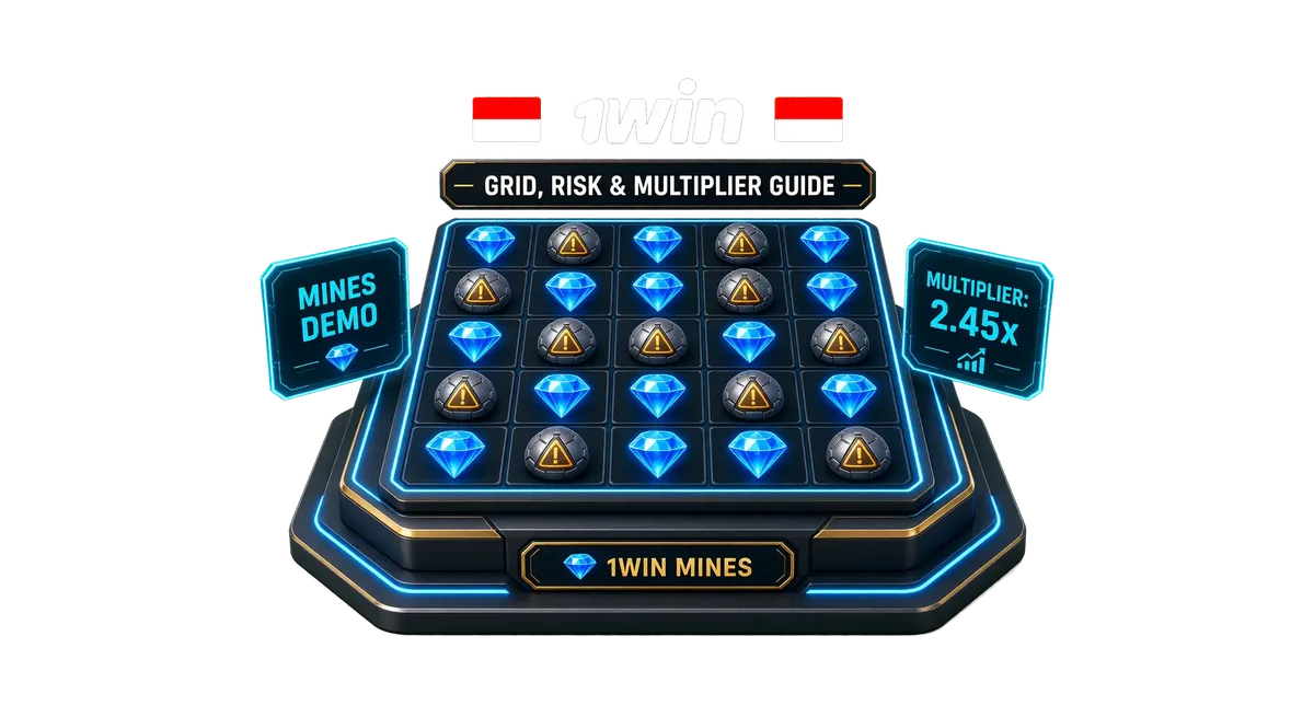 3D 1win Mines guide showcase with diamond grid, multiplier badges, and Indonesian flag on a green screen backdrop.