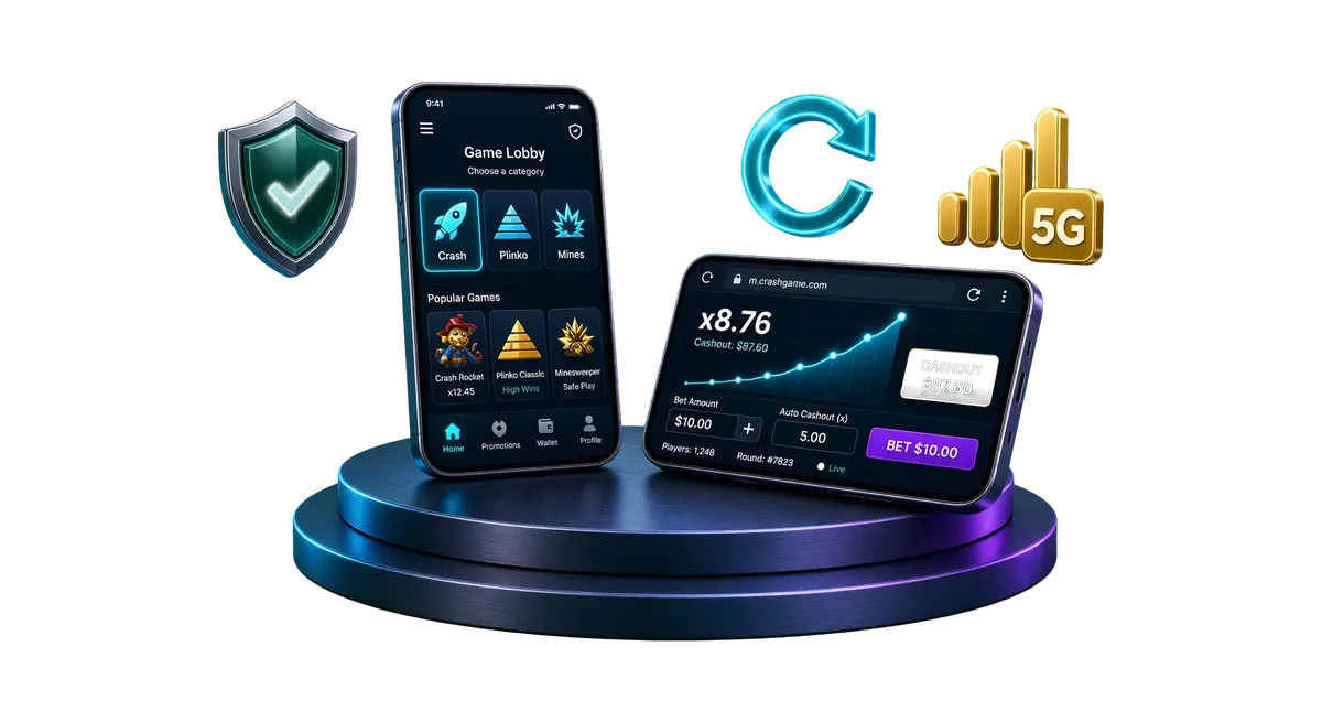 3D render of mobile phones in portrait and landscape orientations displaying 1win browser game interface with security shield and network speed icons on green screen.
