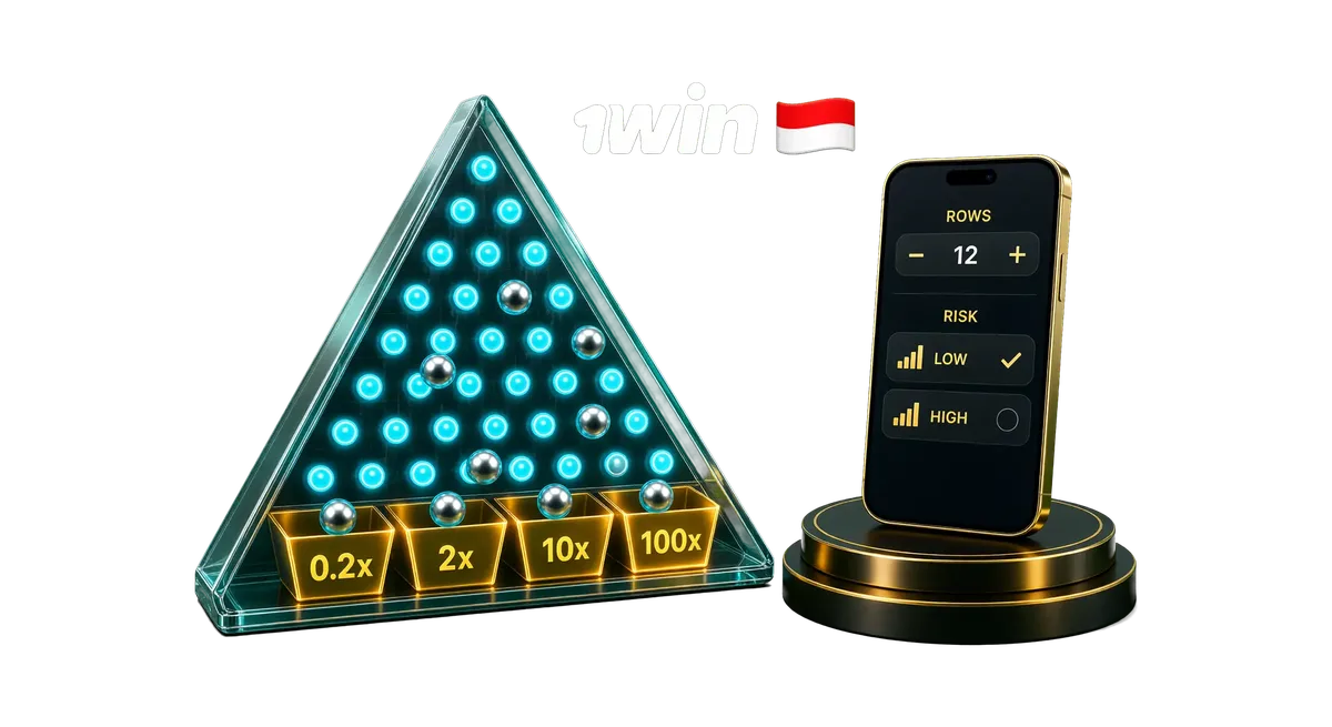 3D rendered 1win Plinko board with glowing pegs, multiplier slots, and mobile risk controls on a pedestal.