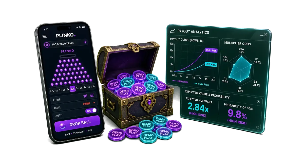 Smartphone interface displaying Plinko row and risk settings next to demo tokens and a holographic payout spread chart.